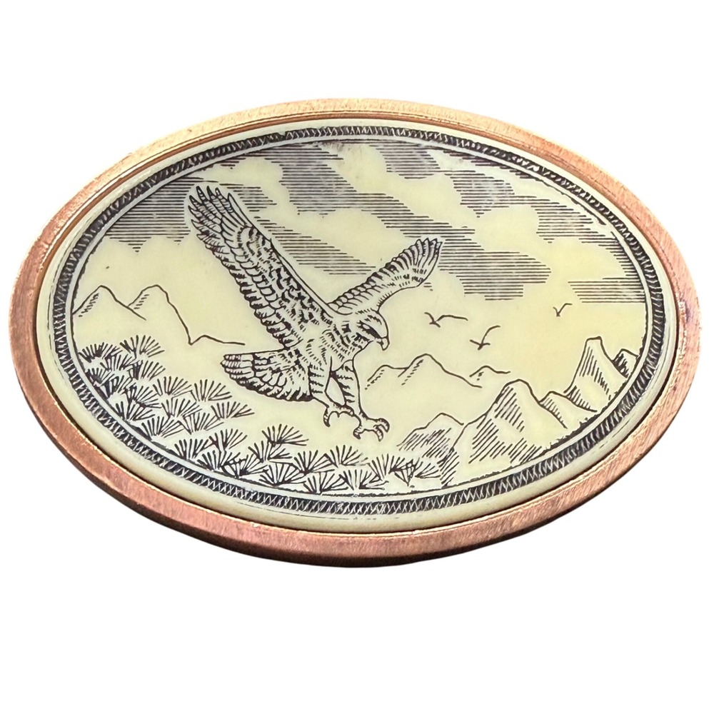 Vintage Hand Crafted Eagle Belt Buckle Scrimshaw Series‎ Oval Copper Tone